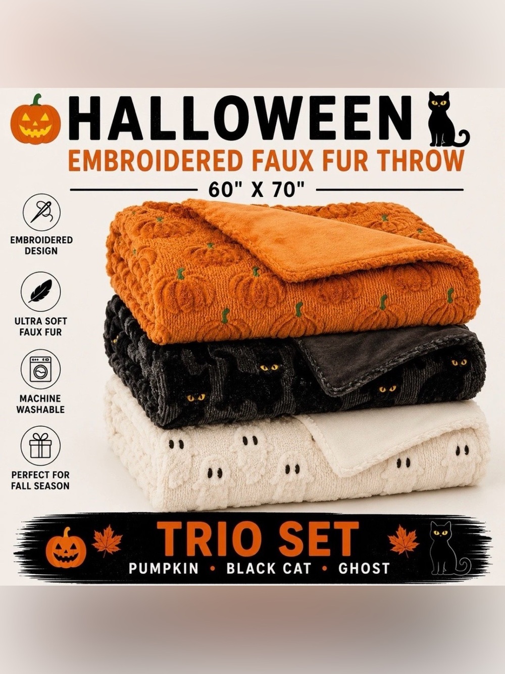 NWT Halloween Faux Fur Throw Blanket Lot of 3 Ghost Cat Pumpkin Tik Tok Costco